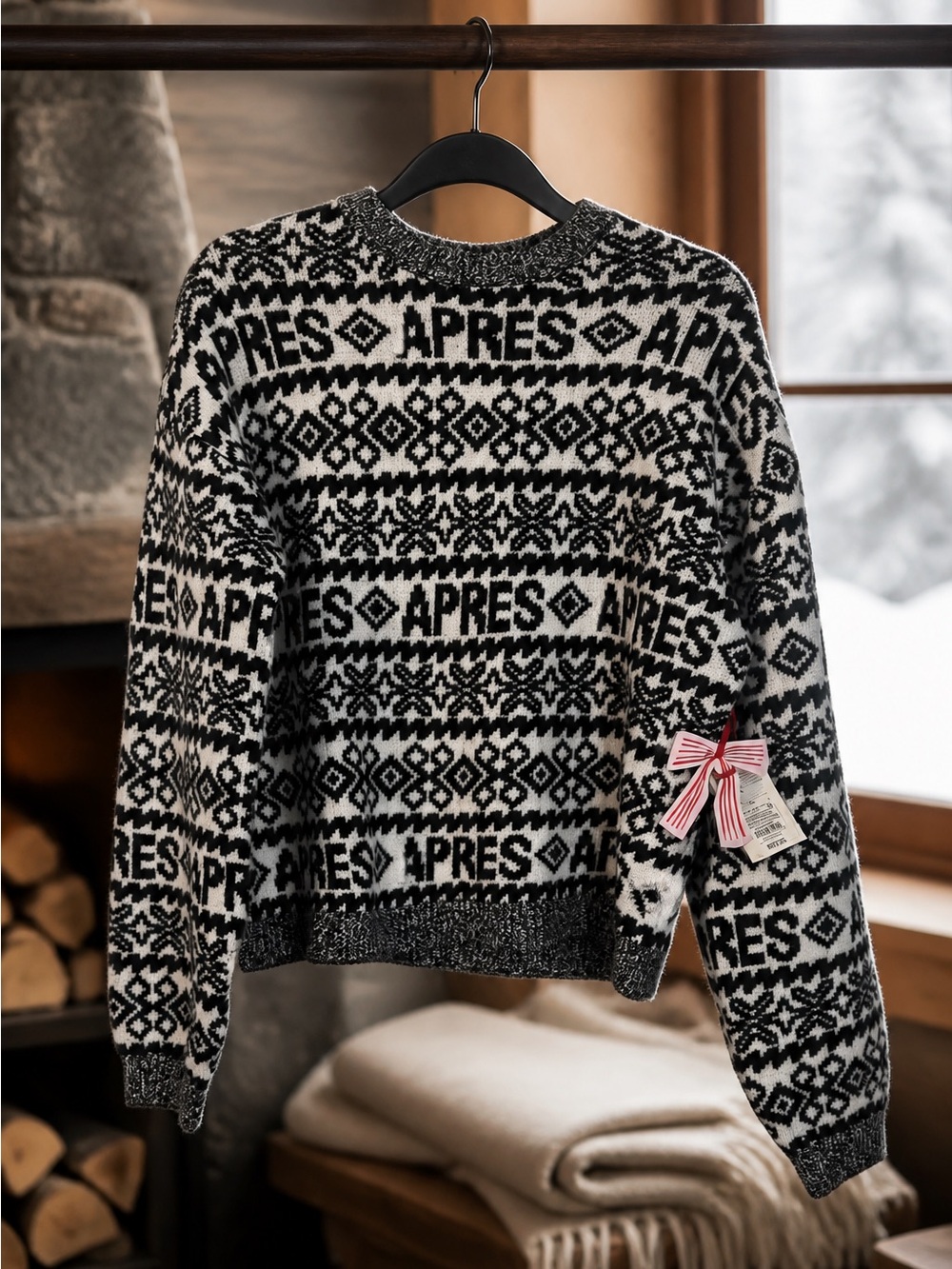 Apres Black & White Nordic Knit Crewneck Sweater